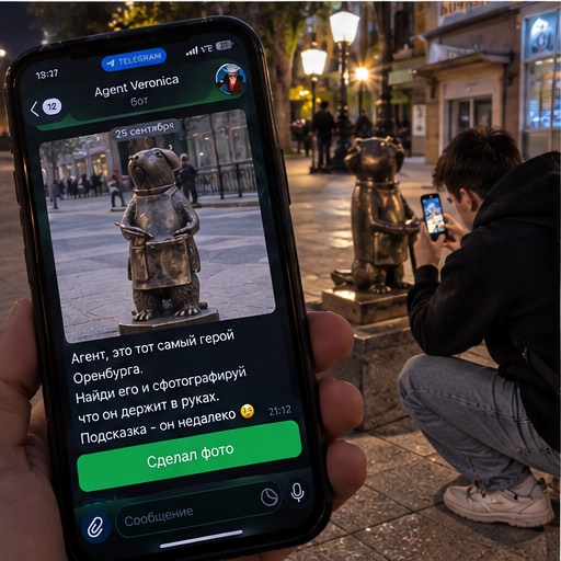 Участник фотографирует городскую скульптуру по заданию Telegram-бота