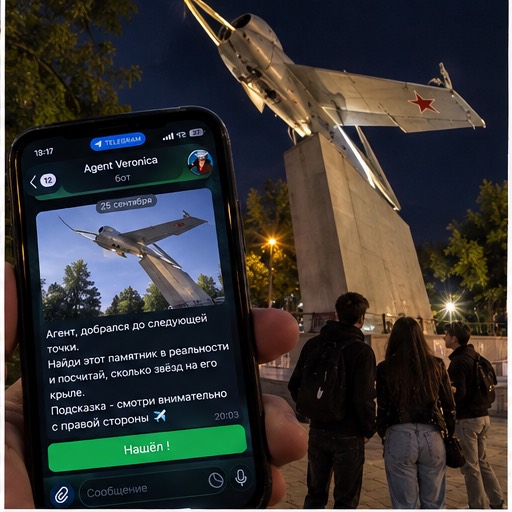 Пример Telegram-задания, которое предлагает внимательно рассмотреть памятник самолёту