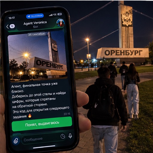 Телефон с подсказкой Telegram-бота и участники у стелы Оренбург